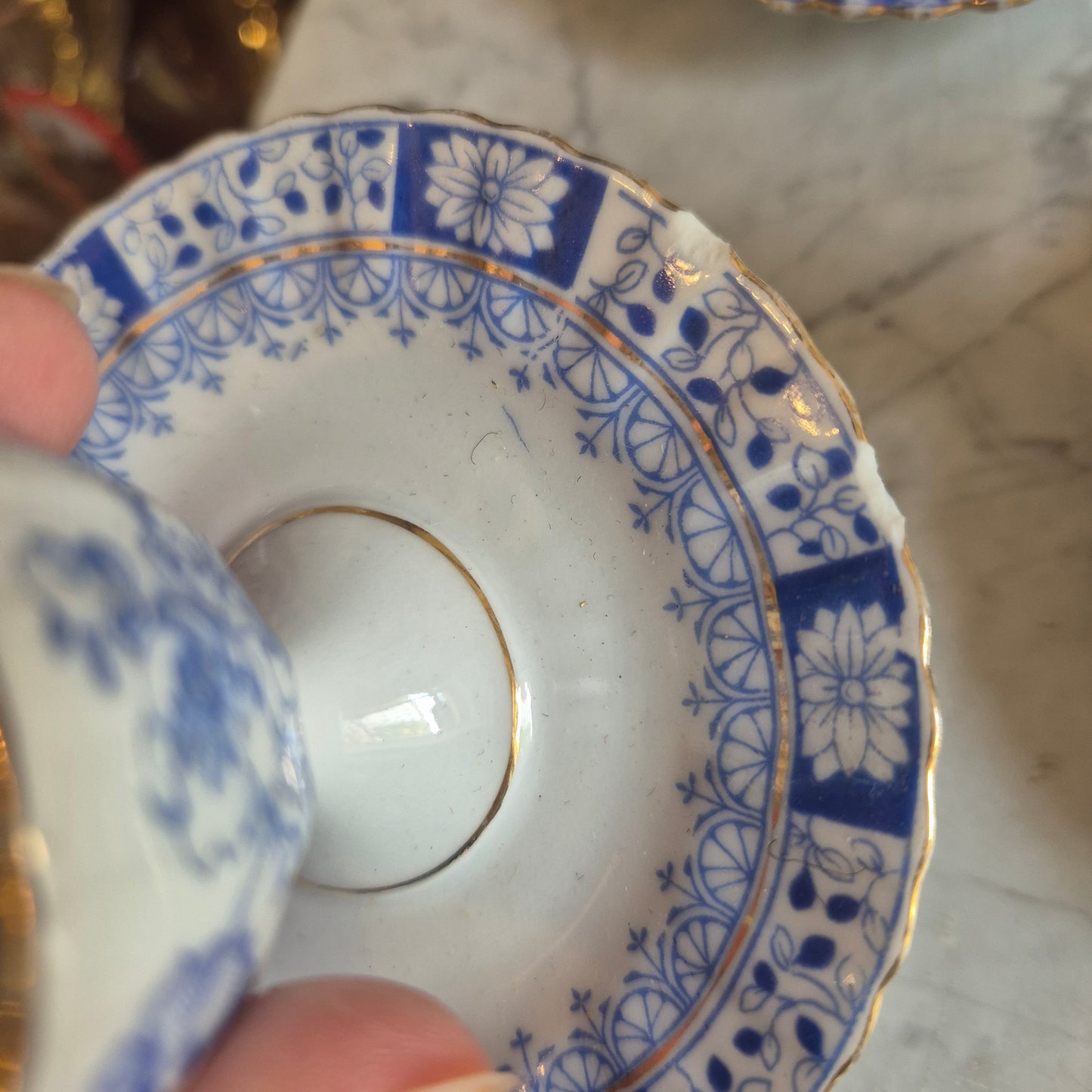 7x Antike Porzellan Eierbecher echt Tuppack China Blau Tiefenfurt Blau Weiß (3x mit Abplatzer)