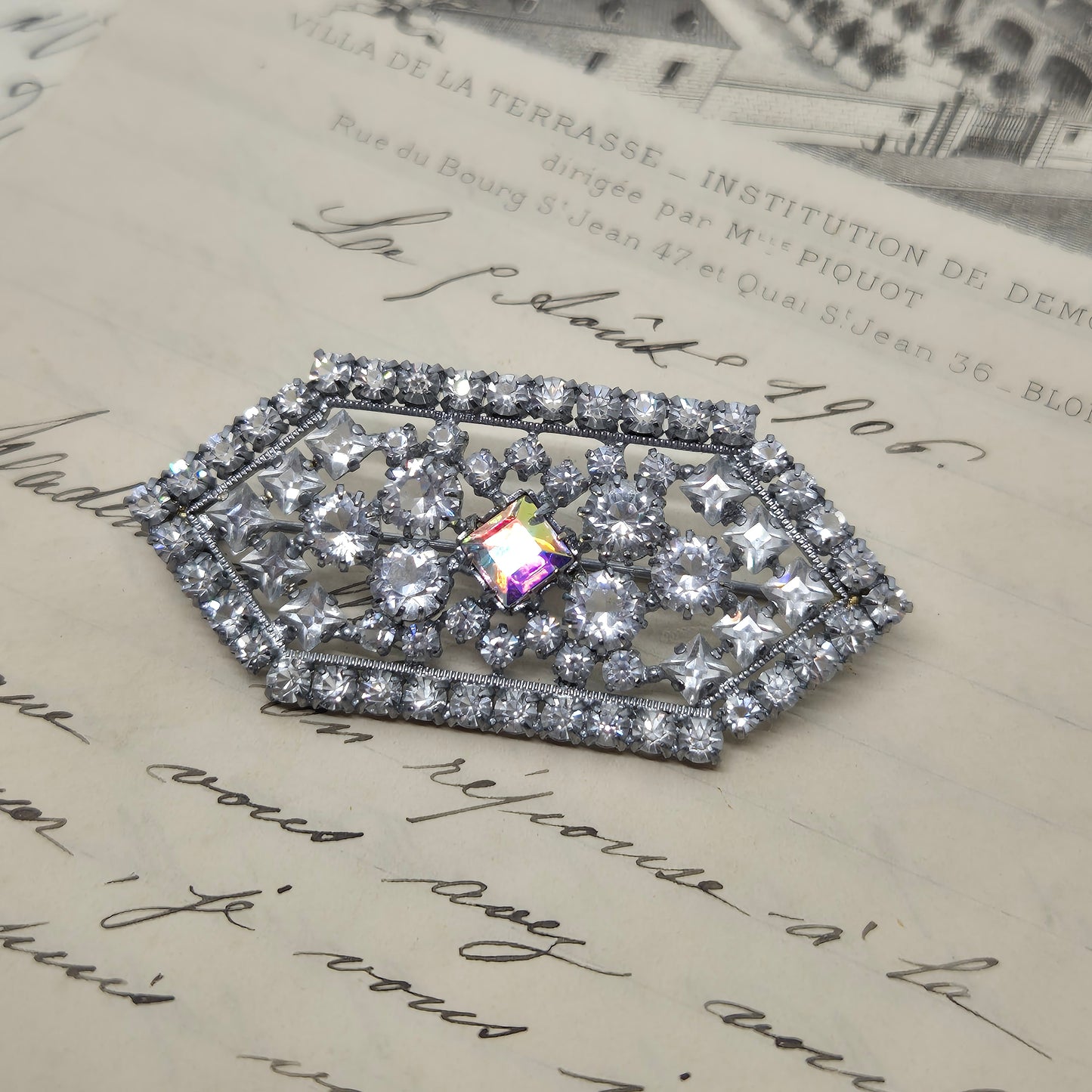 50er Jahre Vintage Brosche Glitzer Strass Silber Art Deco Rosa