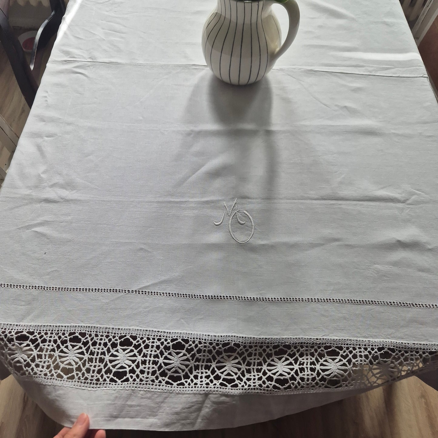 Antike Tischwäsche Leinen/Baumwolle Spitze weiß 120x140cm Tafel Königlich wunderschön! Monogramm M.O. ein Fleck 🤍