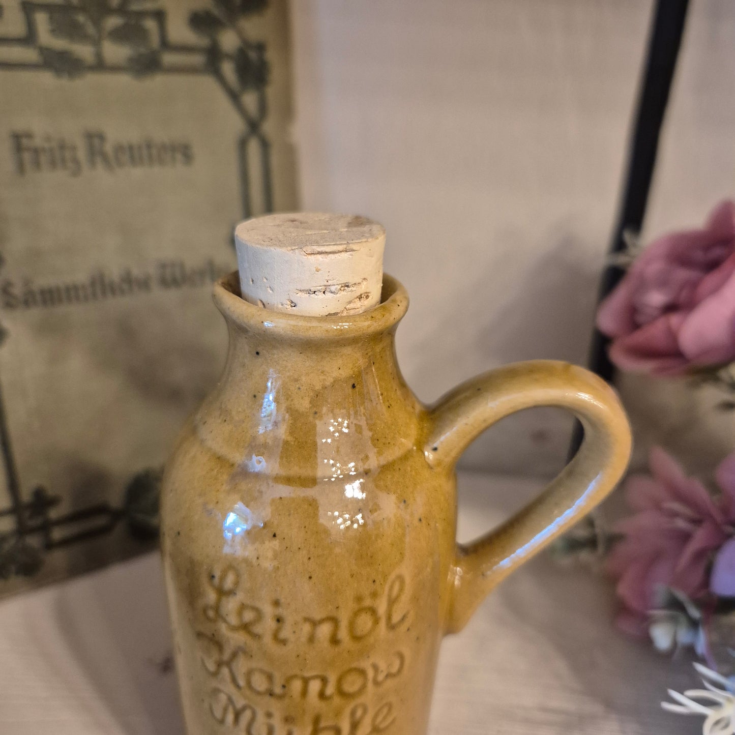 Vintage Leinöl Kamow Mühle Keramik kleines Fläschen mit Stopfen