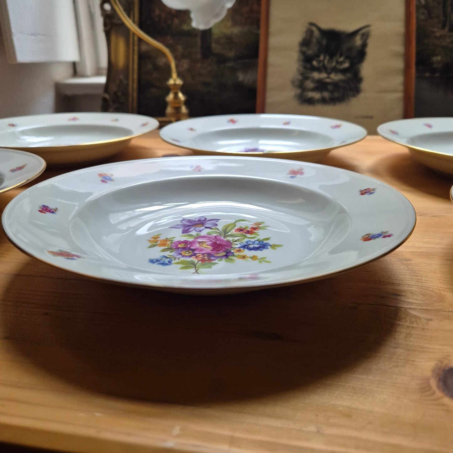 6x Antike Suppenteller Blumendekor weiß Goldrand Koenigszelt Made in Poland