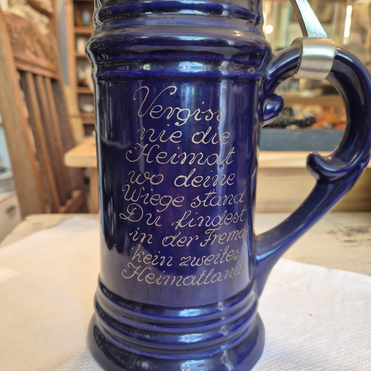 Vintage Porzellan Zinn Bierkrug mit Deckel Geschenk Blau mit Spruch Heimat Krug