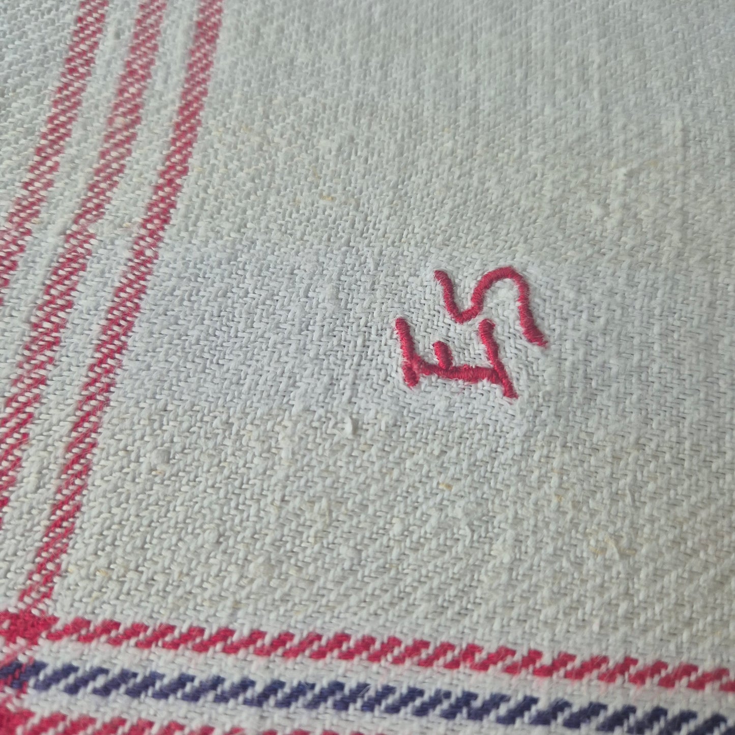 Antikes Leinen Geschirr-& Küchentuch Monogramm E.S. 90x45cm blau rot weiß