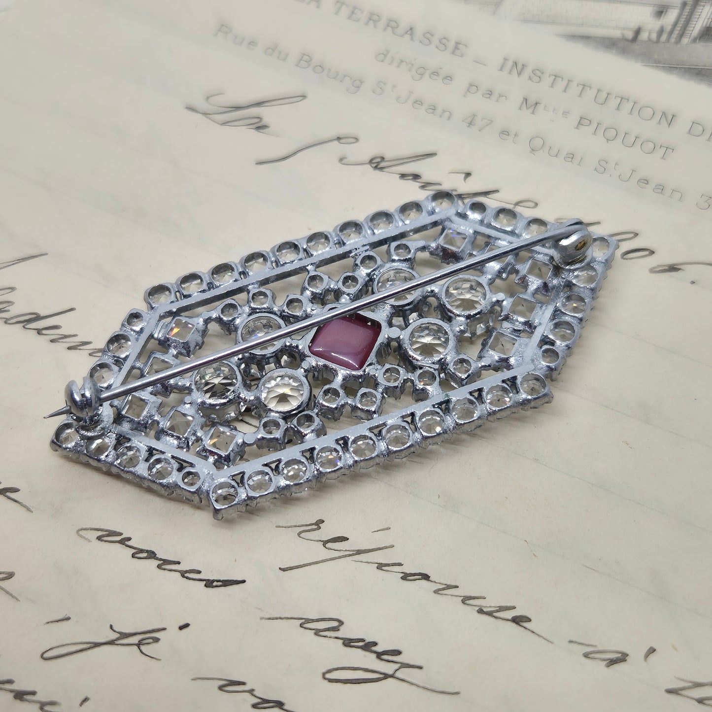 50er Jahre Vintage Brosche Glitzer Strass Silber Art Deco Rosa