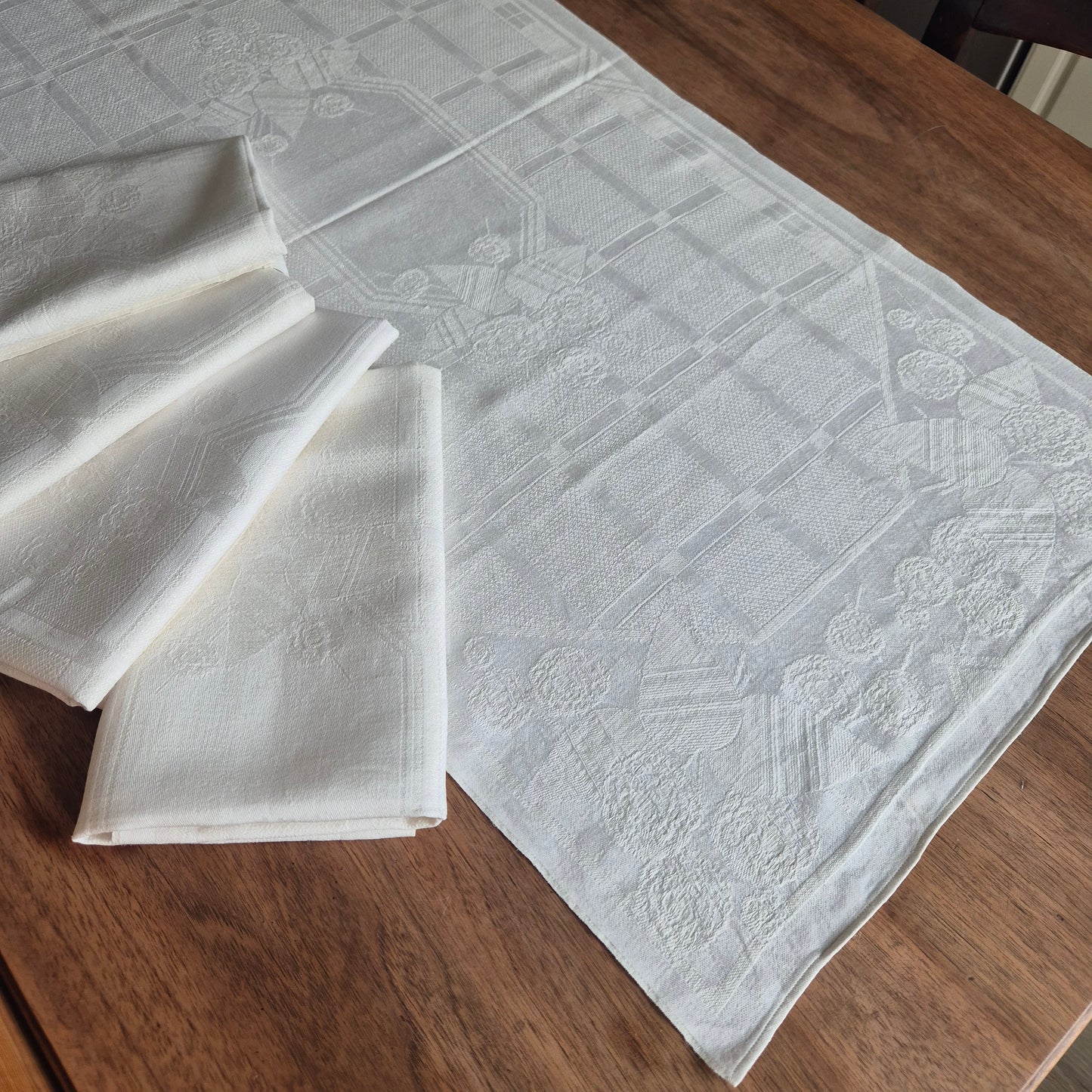 5x Antike Jugendstil Leinen Damast Küchen-&Geschirrtücher cremeweiß