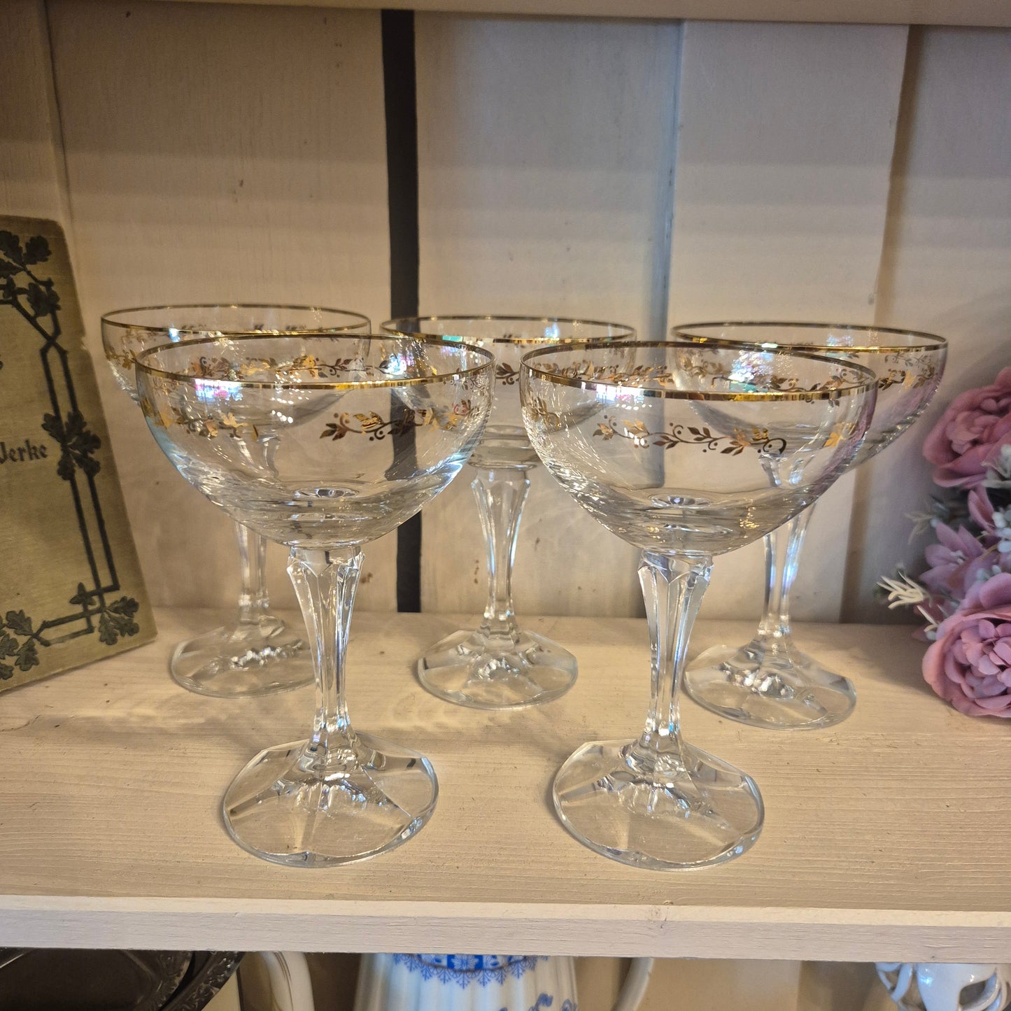 5x alte 60er Jahre Weingläser goldrand transparent zeitlos schön!