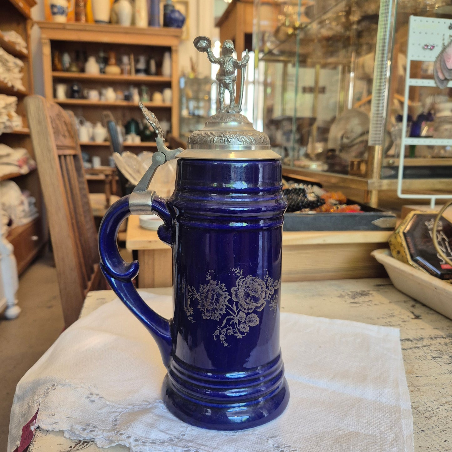 Vintage Porzellan Zinn Bierkrug mit Deckel Geschenk Blau mit Spruch Heimat Krug