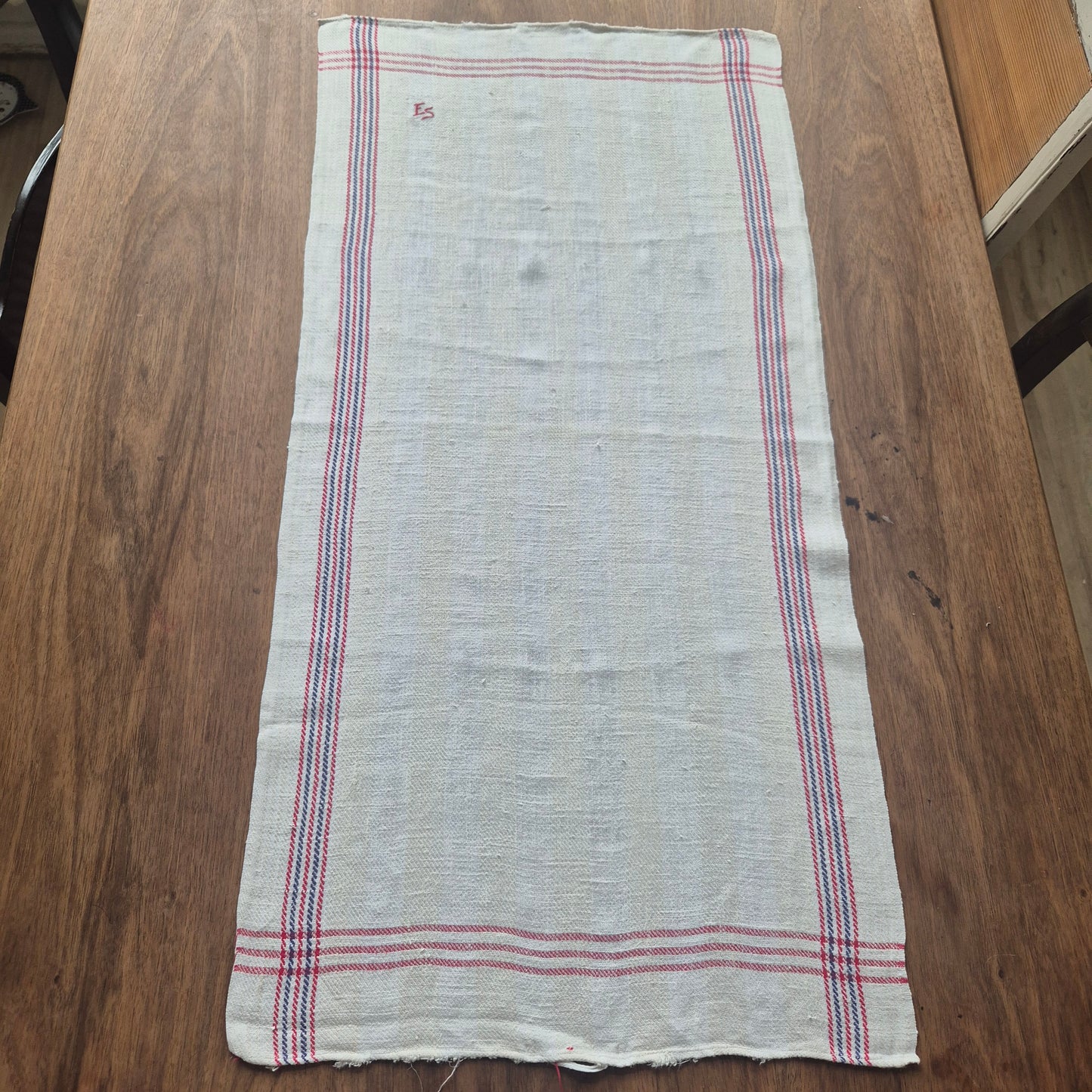 Antikes Leinen Geschirr-& Küchentuch Monogramm E.S. 90x45cm blau rot weiß