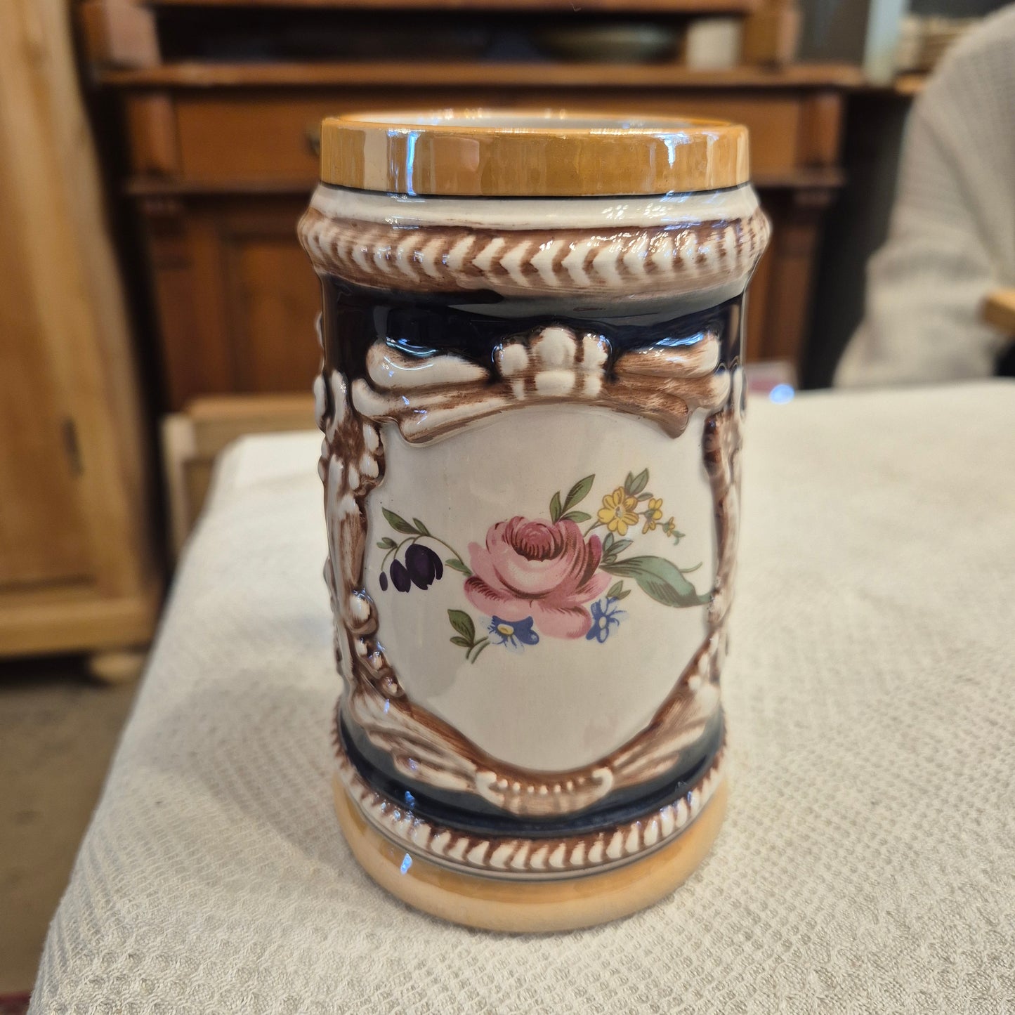 Vintage Keramik Bierkrug Rosenmuster Geschenk
