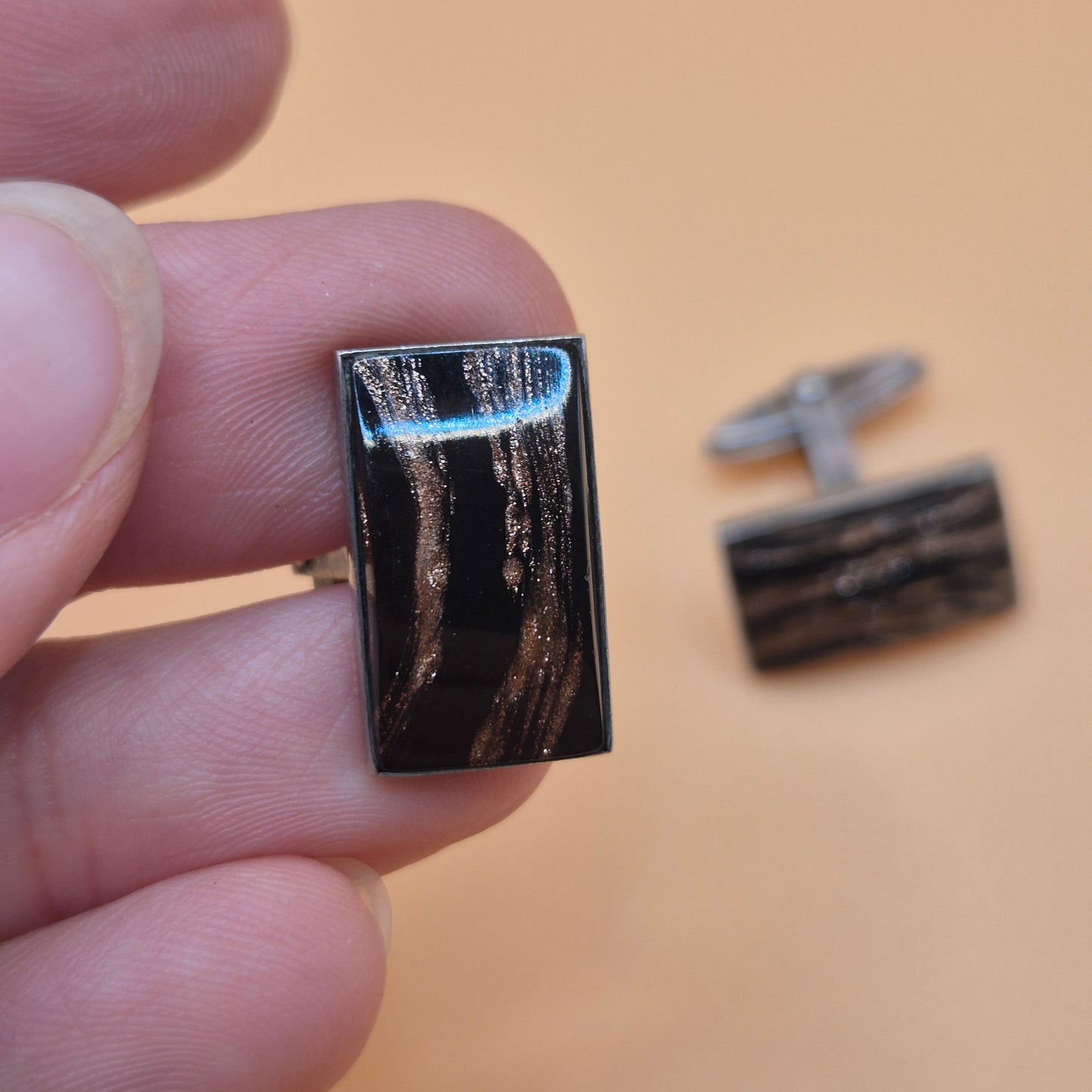 Vintage alte Manschettenknöpfe 835 echt Silber mit schwarz und Glitzer