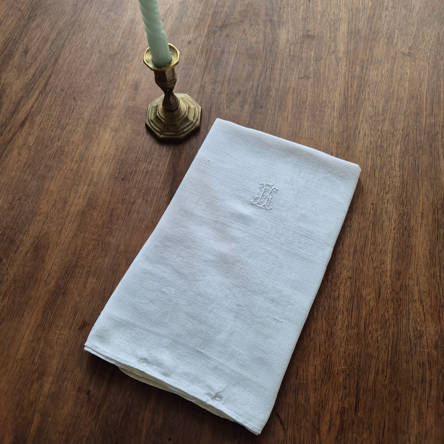 Antikes Jugendstil Küchen- & Geschirrhandtuch weiß Damast Baumwolle 57x125cm Monogramm H.S. 🤍