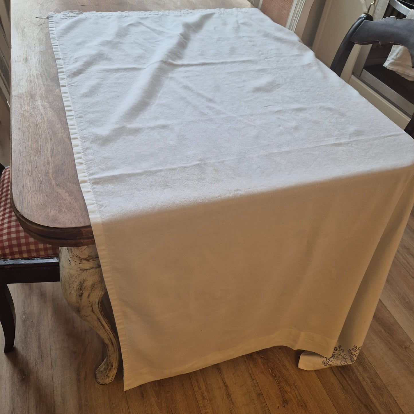 Vintage Baumwolle Gardine mit blauem Stempel Muster rechte Seite 115x169cm Handgemacht