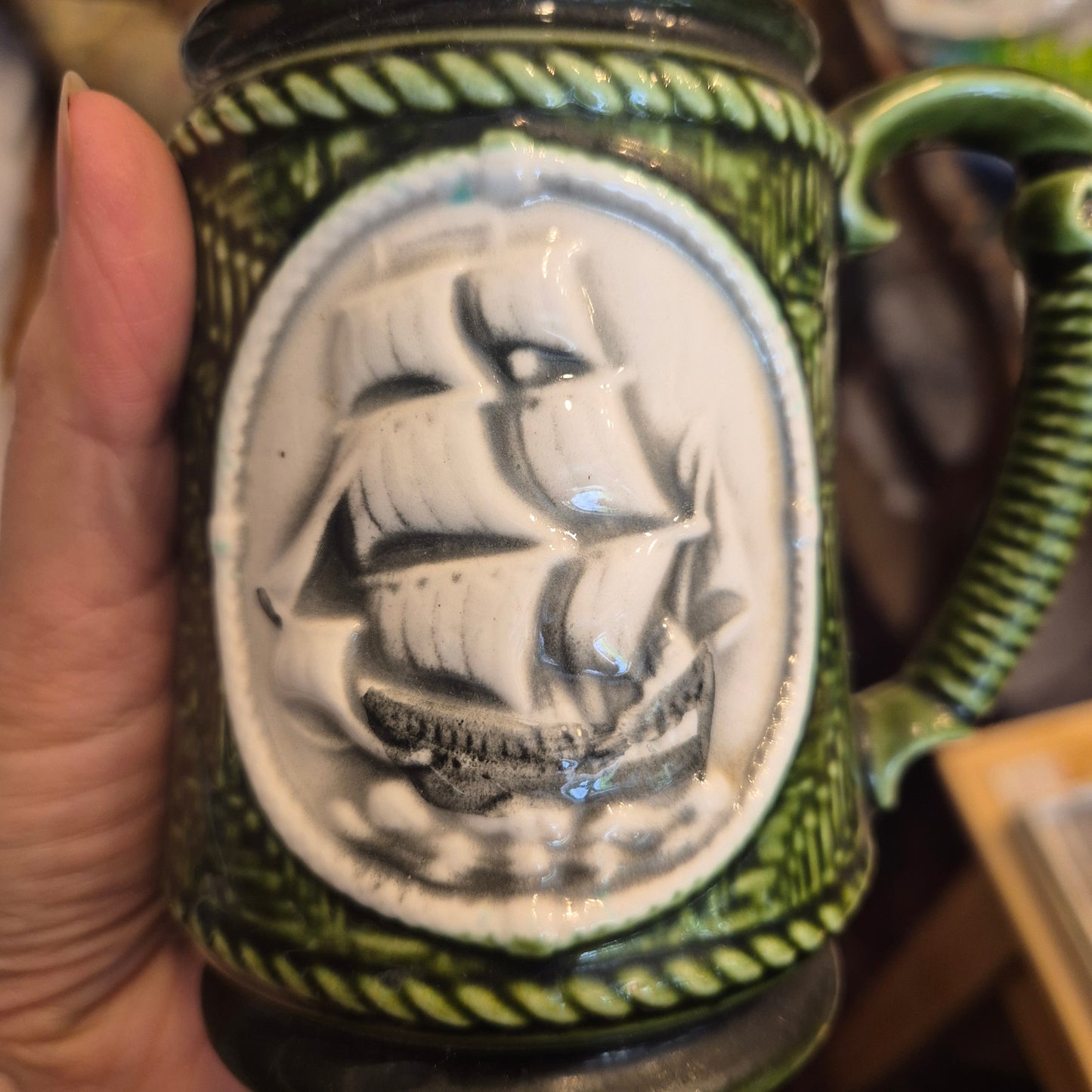Vintage Keramik Bierkrug Grün Geschenk mit Schiff Motiv