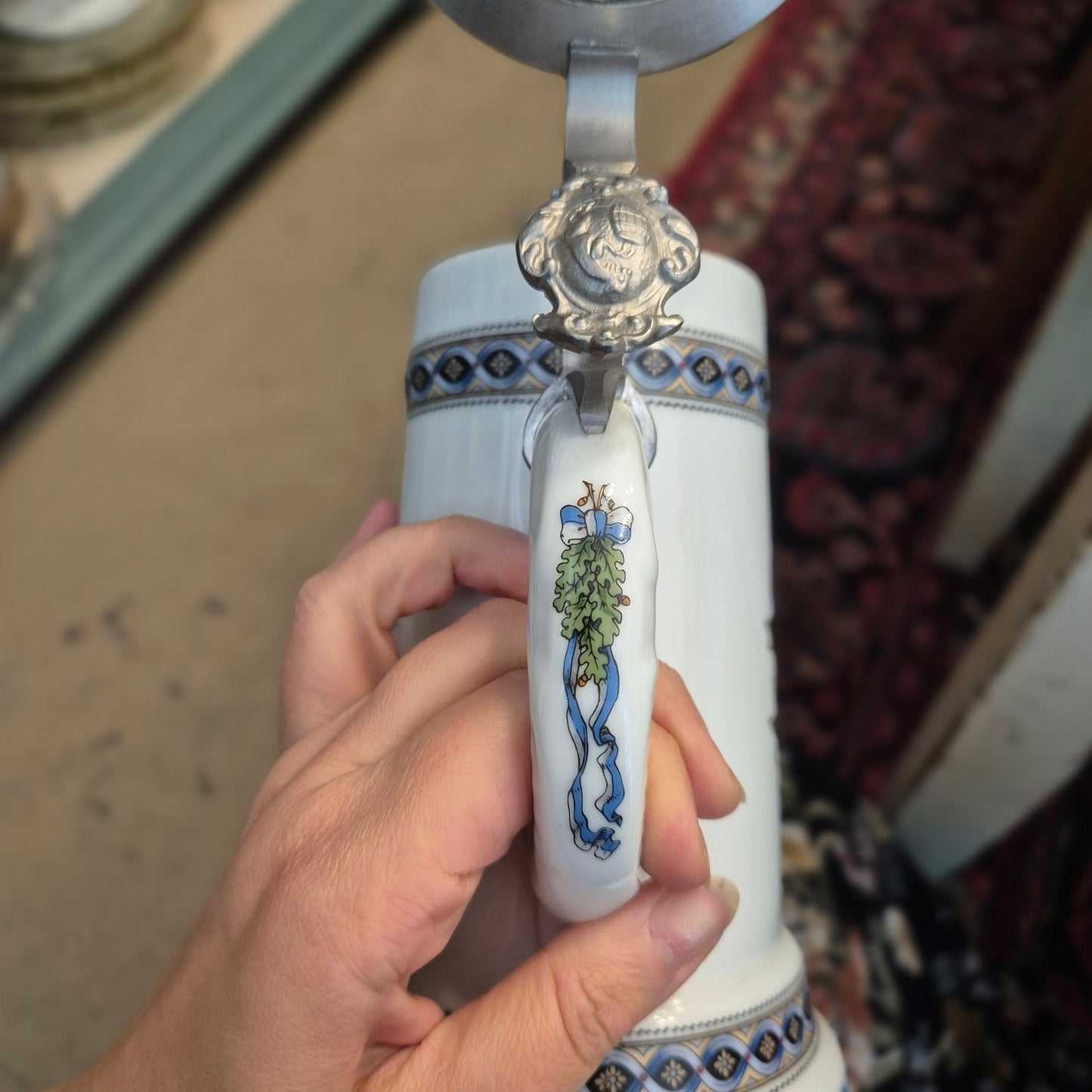 Vintage Porzellan Zinn Bierkrug mit Deckel Geschenk Kühr Sandizell Krug