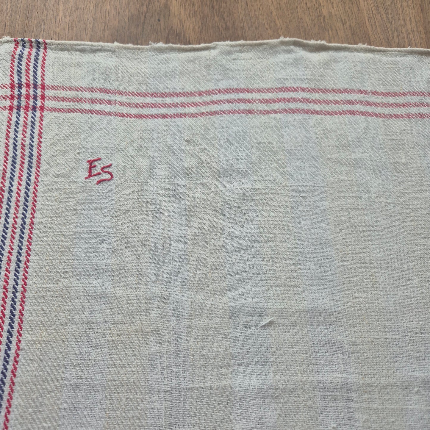 Antikes Leinen Geschirr-& Küchentuch Monogramm E.S. 90x45cm blau rot weiß