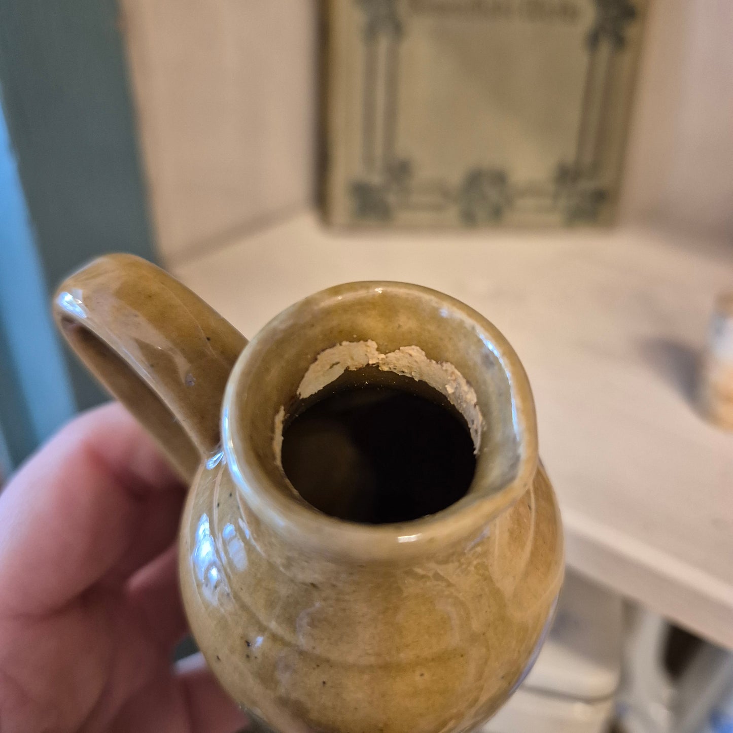 Vintage Leinöl Kamow Mühle Keramik kleines Fläschen mit Stopfen