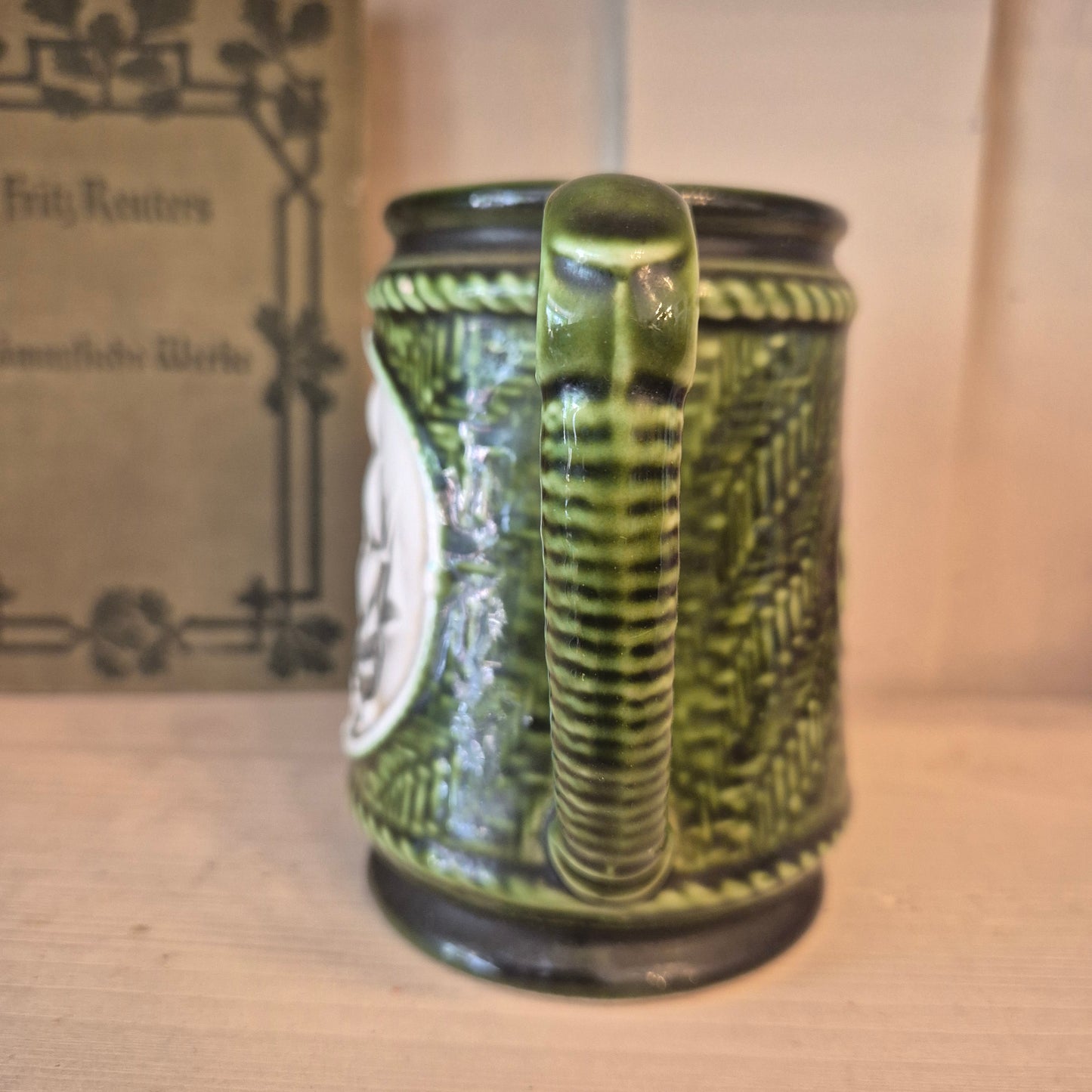 Vintage Keramik Bierkrug Grün Geschenk mit Schiff Motiv
