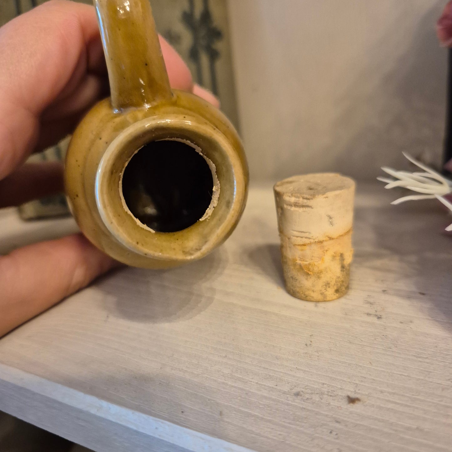 Vintage Leinöl Kamow Mühle Keramik kleines Fläschen mit Stopfen