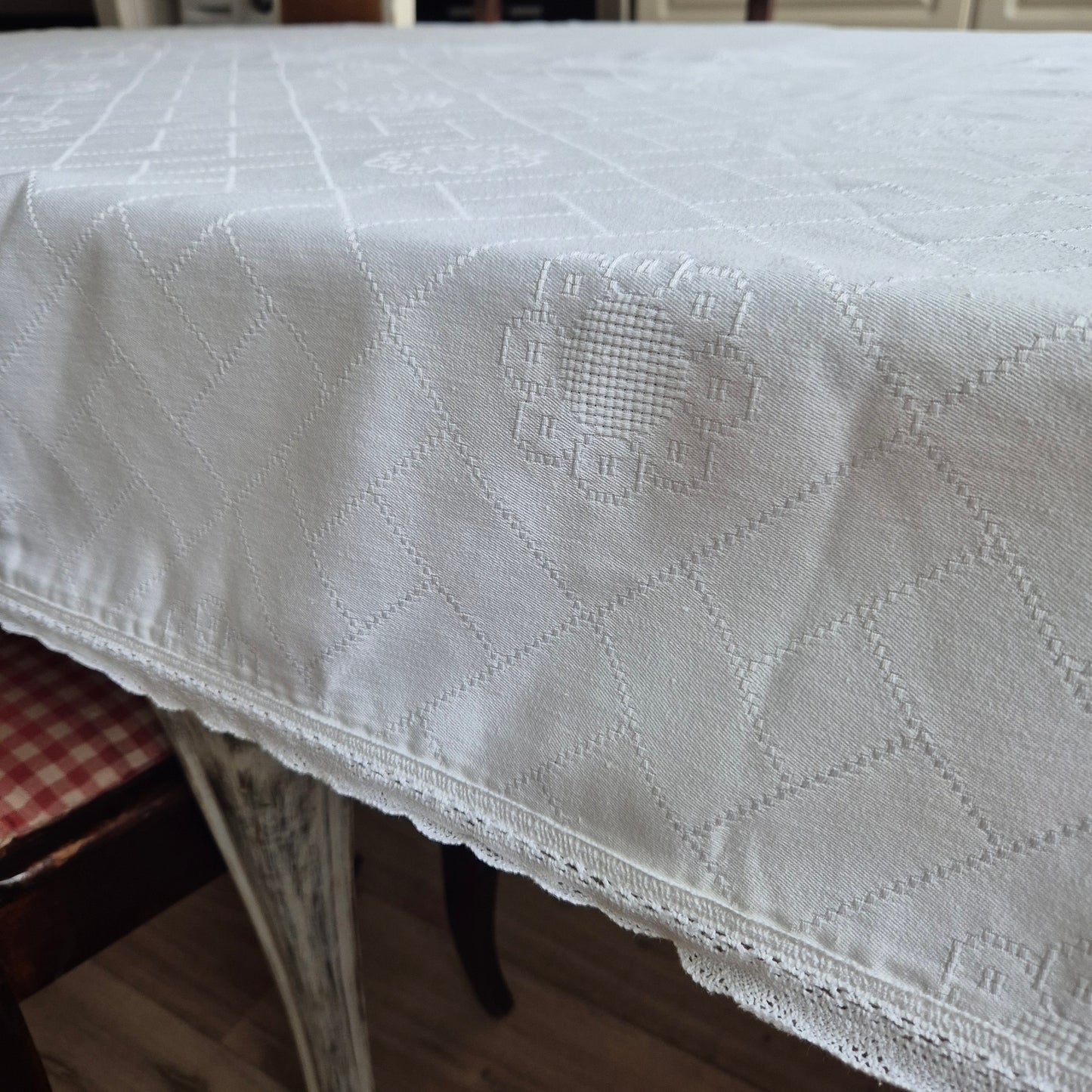 Antike große Tischdecke Baumwolle mit geklöppeltem Rand weiß 120x335cm Tafel lang 🤍