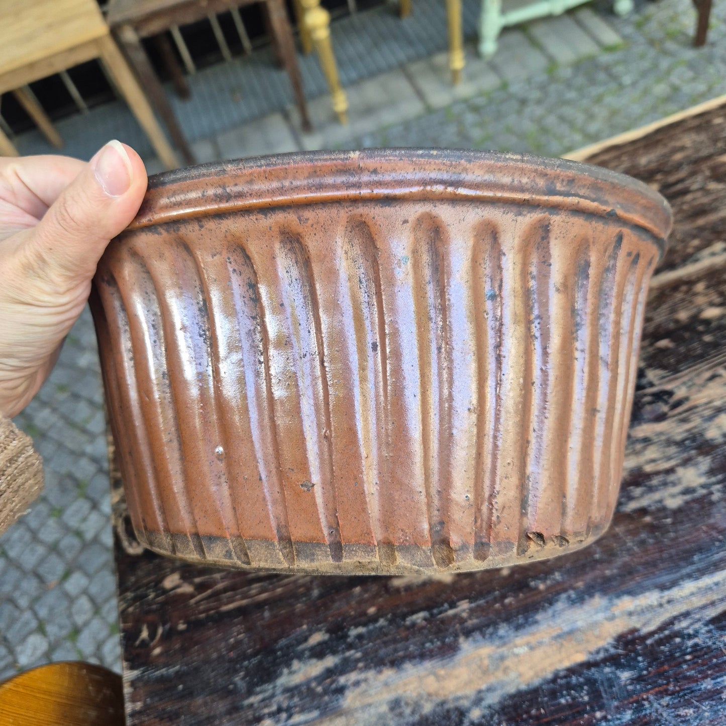 Antike große Keramik Backform Kuchenform braun Kranz Gugelhupf