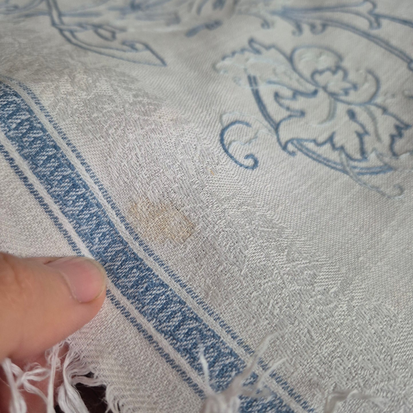 Antiker Baumwolle Tischläufer handbestickt mit mini Fleck! 32x170cm blau weiß