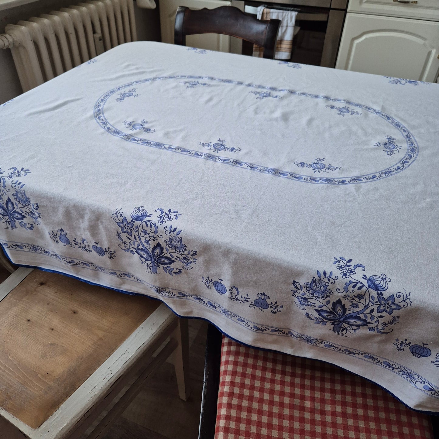 Vintage Tischdecke Zwiebelmuster blau weiß DDR 128x 160cm