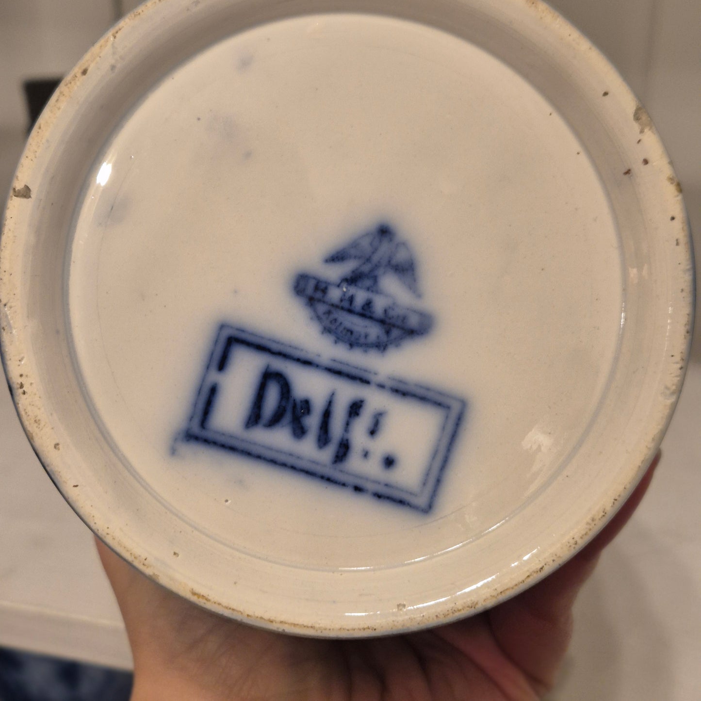 Antike H.H & Cie Delft Vorratsdose ohne Deckel blau weiß 120Jahre alt Kochlöffelhalter Aufschrift "Reis"