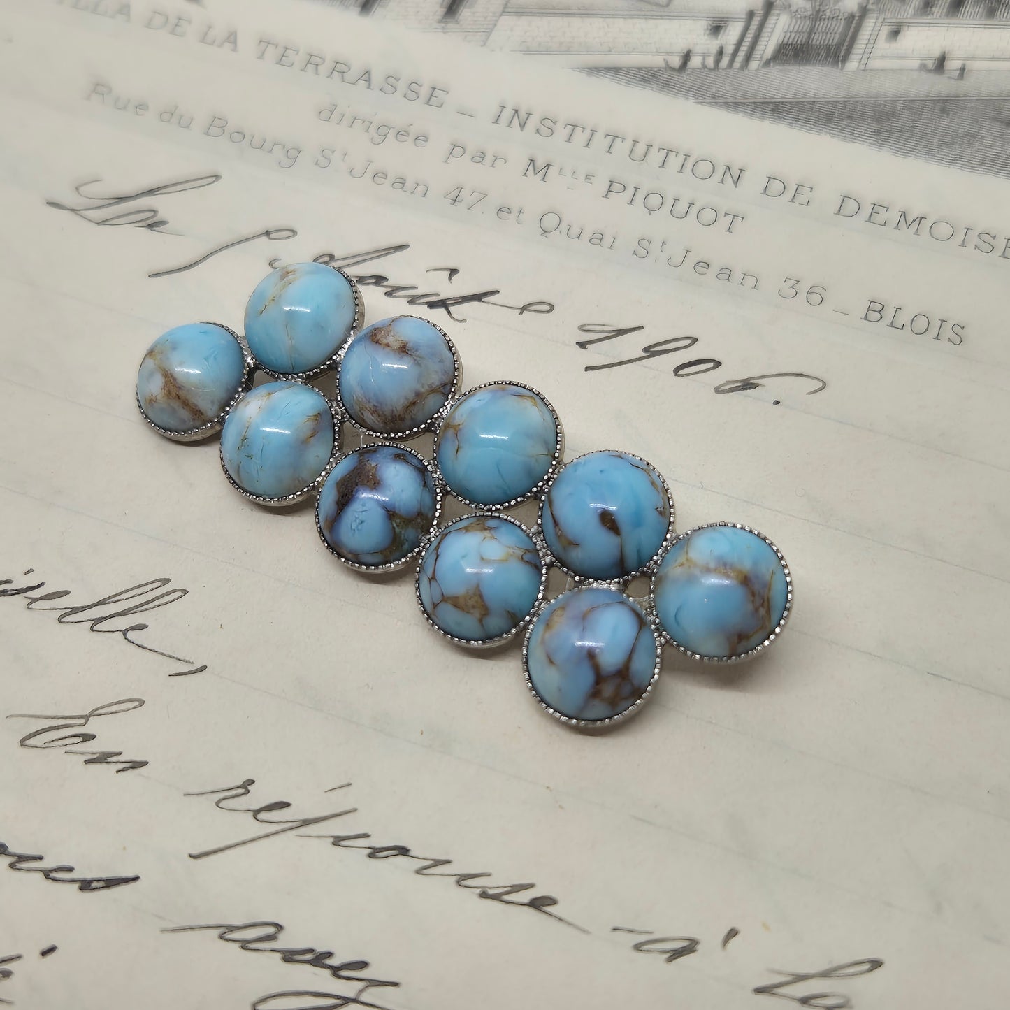 50er Jahre Vintage Brosche hellblau marmoriert silber länglich