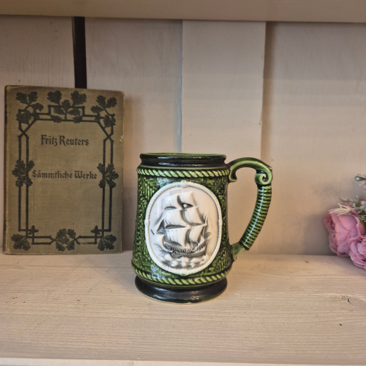 Vintage Keramik Bierkrug Grün Geschenk mit Schiff Motiv