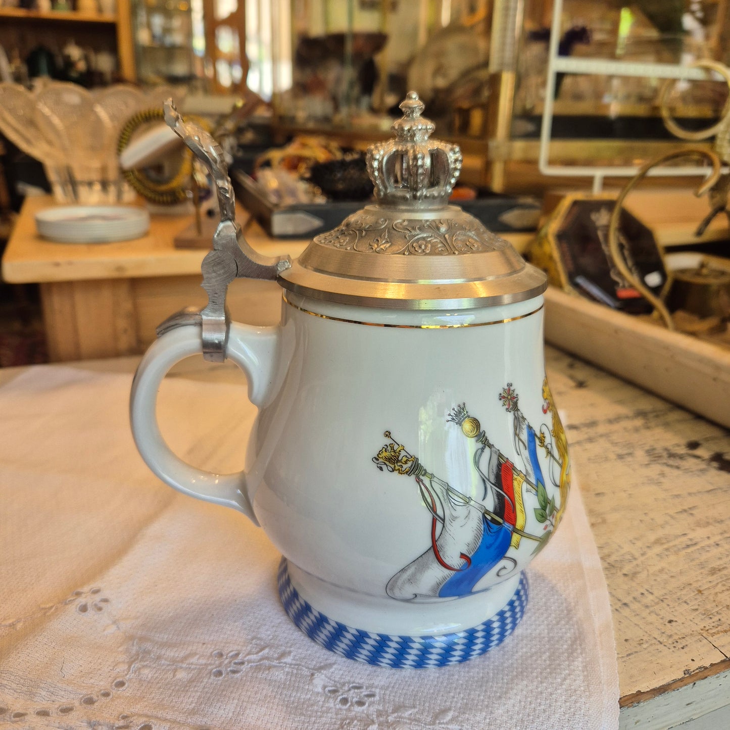 Vintage Porzellan Zinn Bierkrug mit Deckel Geschenk Kühr Sandizell Krug