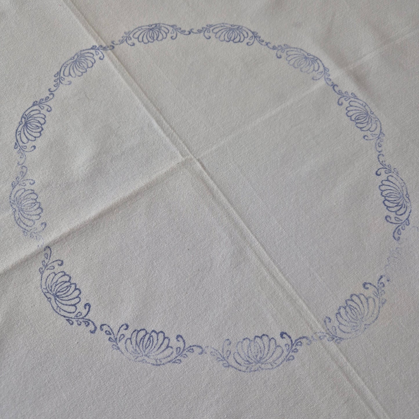 Vintage Baumwolle Tischdecke weiß blau bedruckt Stempel 96x97cm