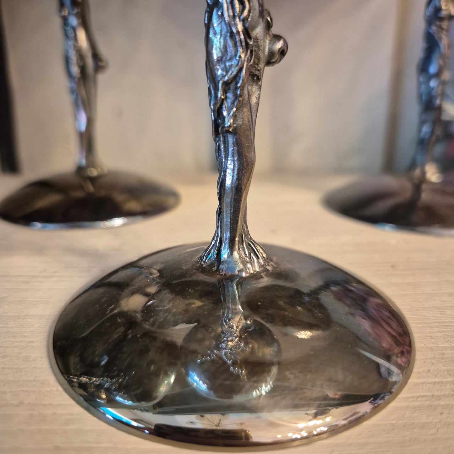 6x Dekorative Jugendstil Champagner Metallkelche versilbert - zum aufpolieren! "Eva mit Apfelbaum"