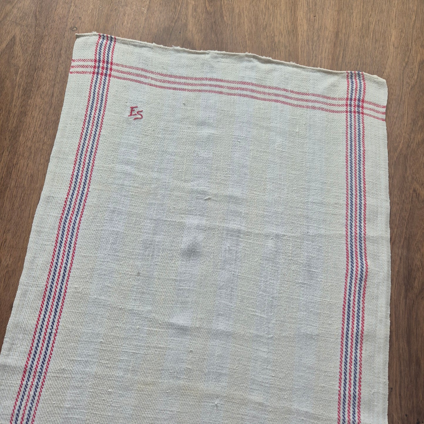 Antikes Leinen Geschirr-& Küchentuch Monogramm E.S. 90x45cm blau rot weiß