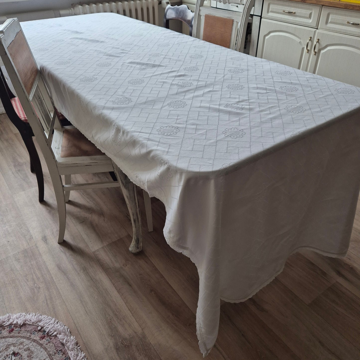 Antike große Tischdecke Baumwolle mit geklöppeltem Rand weiß 120x335cm Tafel lang 🤍