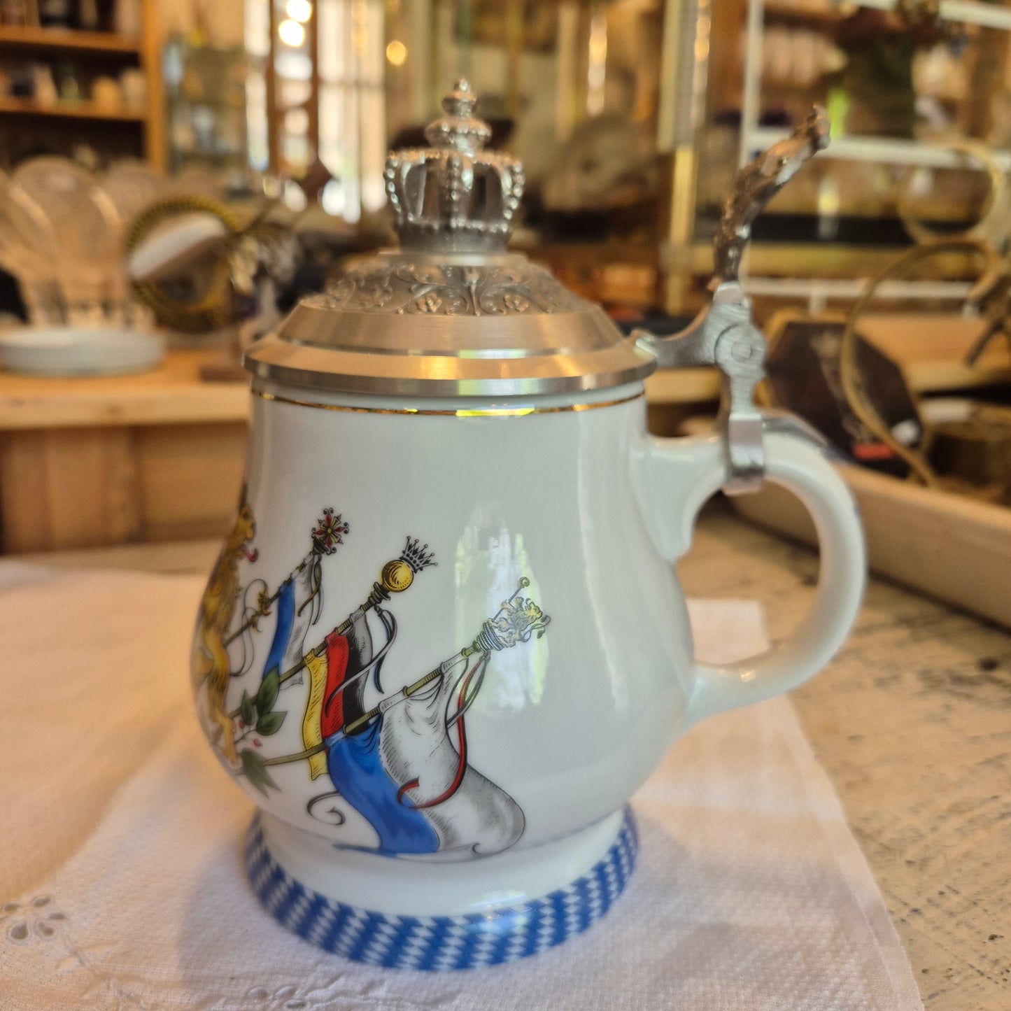 Vintage Porzellan Zinn Bierkrug mit Deckel Geschenk Kühr Sandizell Krug