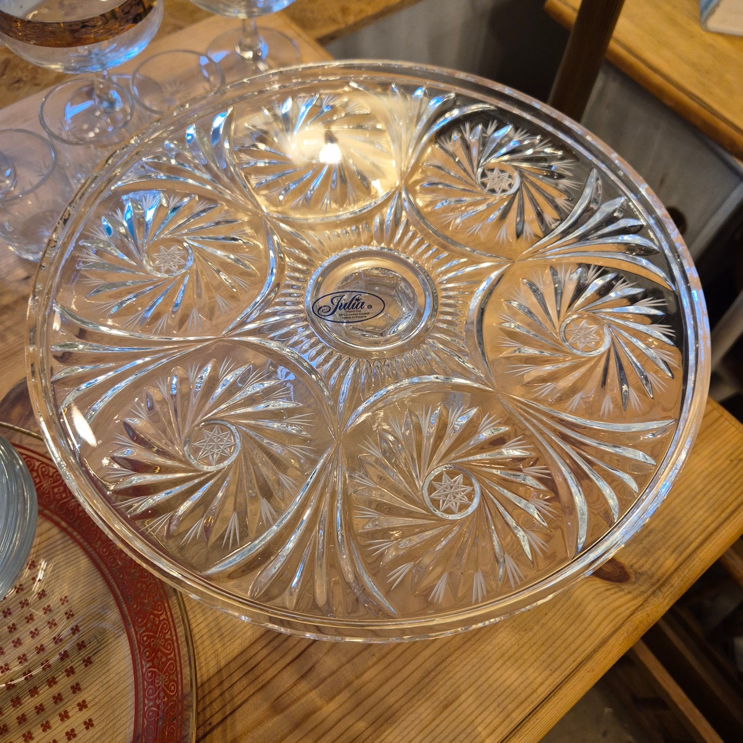Vintage Bleikristall Kuchenplatte/Tortenplatte Ständer mit Fuß 60er Jahre mit Muster Ornamenten