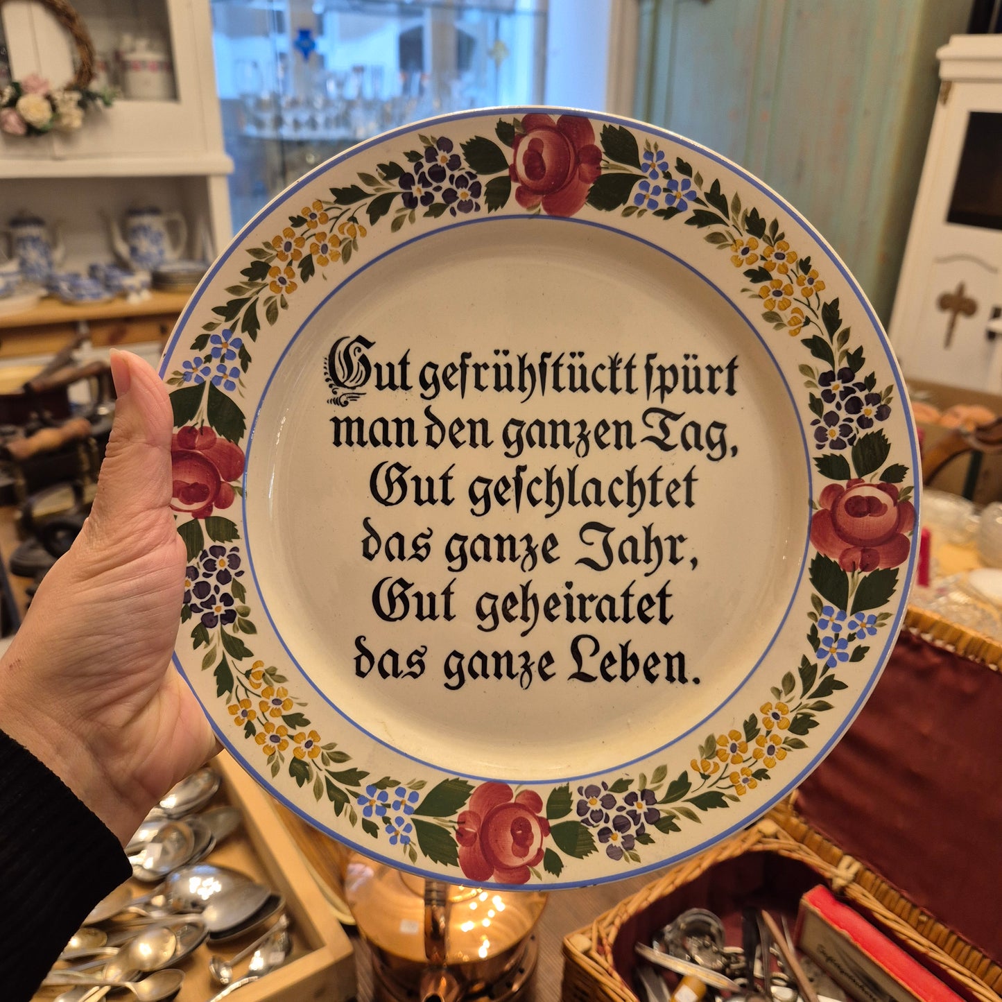 Antiker Keramik Wandteller Geschenk zur Hochzeit mit Spruch Erinnerung Handbemalt Blumen Waechtersbach Germany