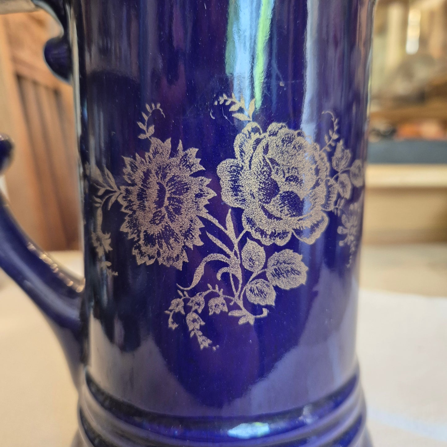 Vintage Porzellan Zinn Bierkrug mit Deckel Geschenk Blau mit Spruch Heimat Krug