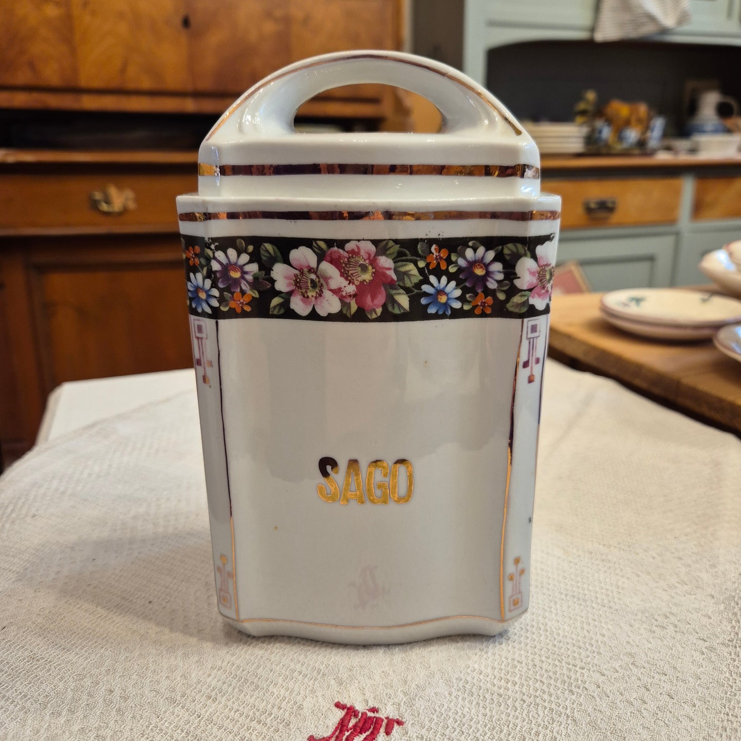 Antike Porzellan Vorratsdose Sago Art Deco um 1930 Blumen weiß