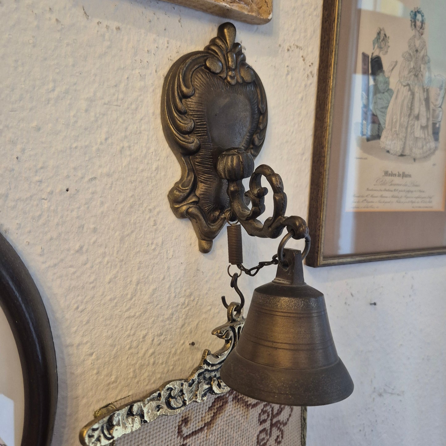 Wandbehang im Gobelin Stil echte Handarbeit & Glocke Türglöcke Tapisserie Bildwirkerei Vintage 60er Jahre