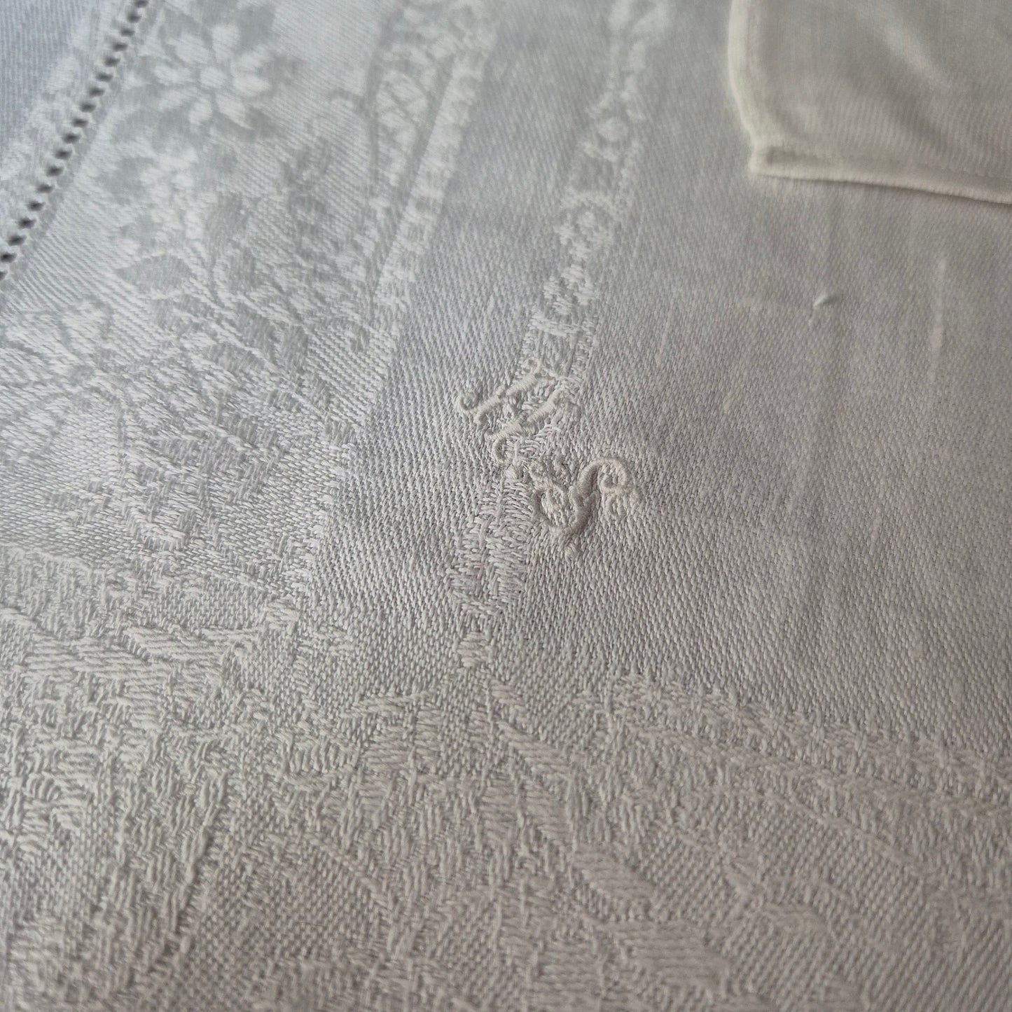 4x Antike Jugendstil Servietten mit Monogramm H.S Damast Baumwolle weiß 35x35cm