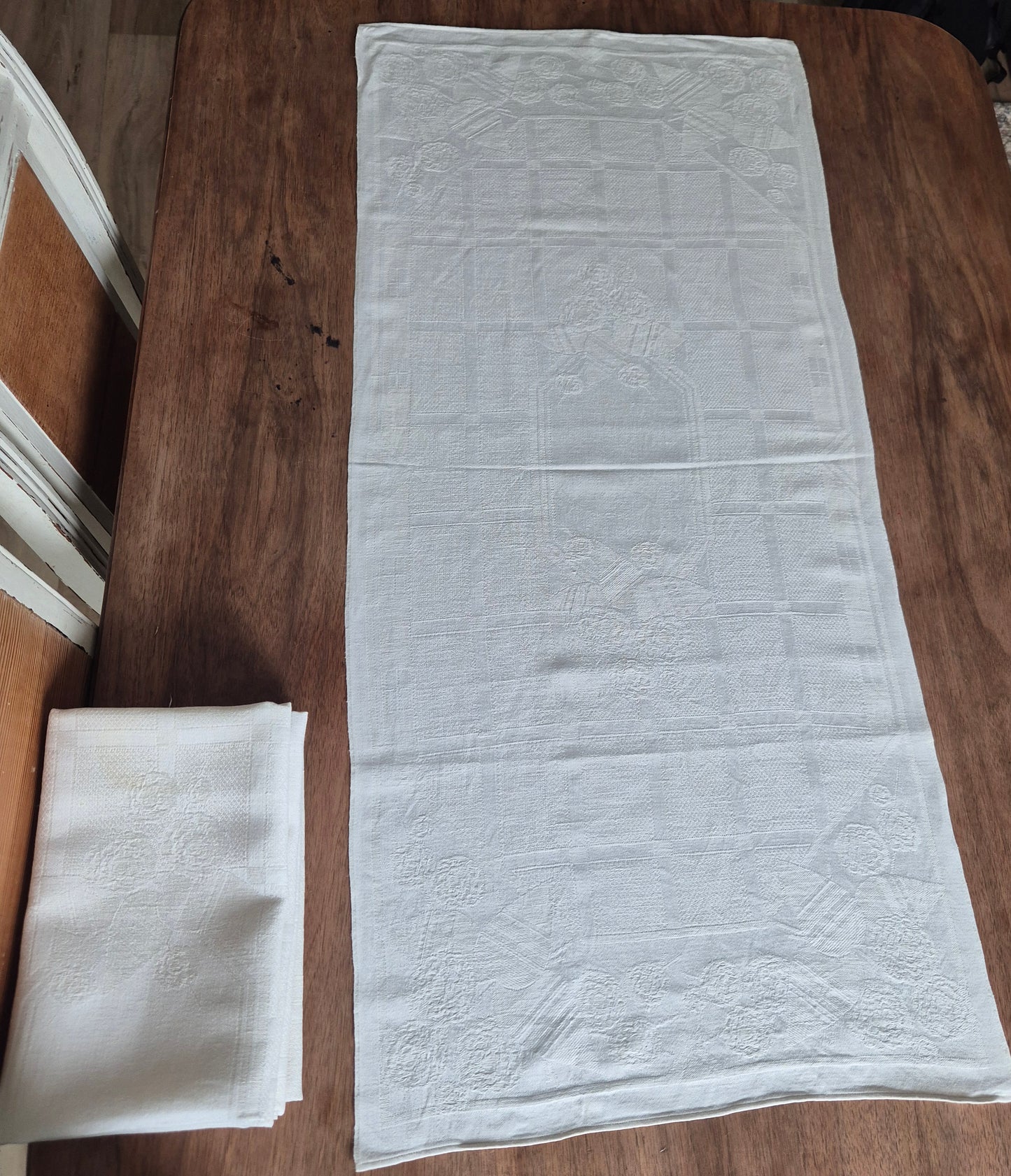 5x Antike Jugendstil Leinen Damast Küchen-&Geschirrtücher cremeweiß