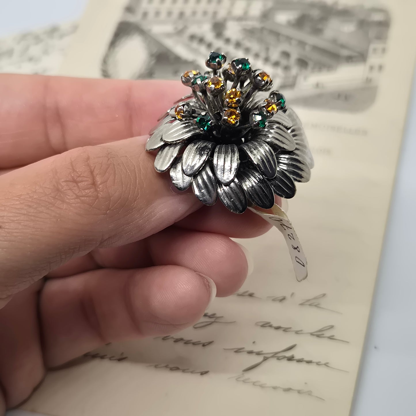 Feine 50er Jahre Brosche Blume Blüten Silber Strasssteine grün orange edel Nummer 41
