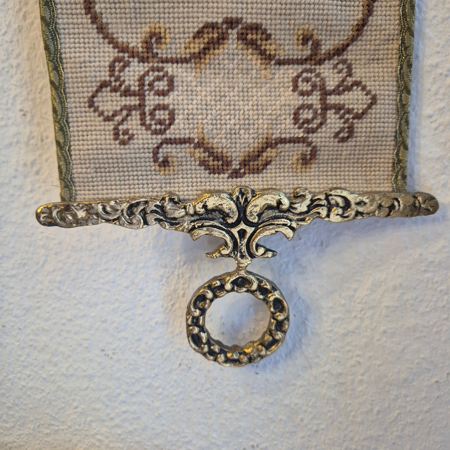 Wandbehang im Gobelin Stil echte Handarbeit & Glocke Türglöcke Tapisserie Bildwirkerei Vintage 60er Jahre