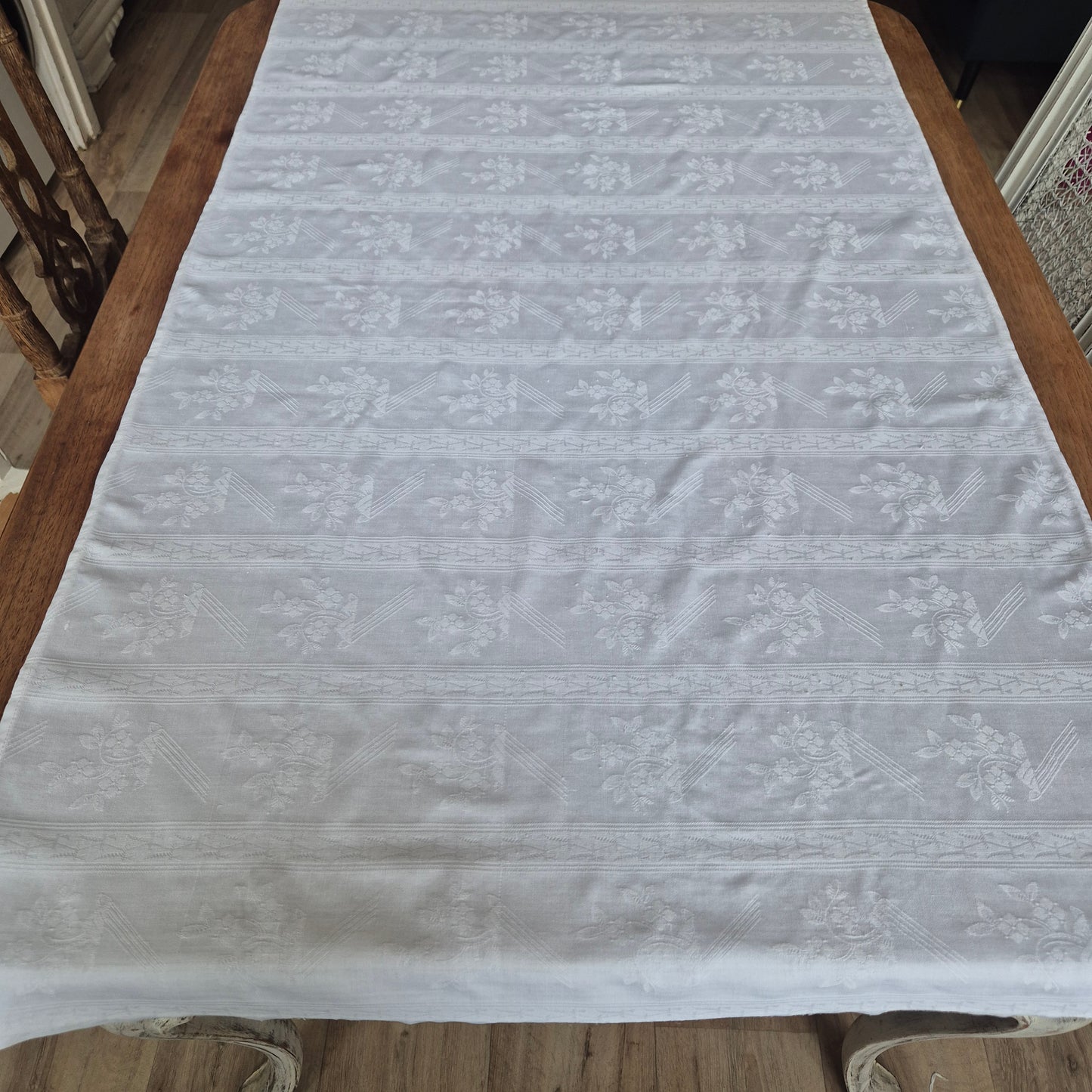 Vintage Tischdecke Tuch weiß 74x 130cm Damast weiß Baumwolle