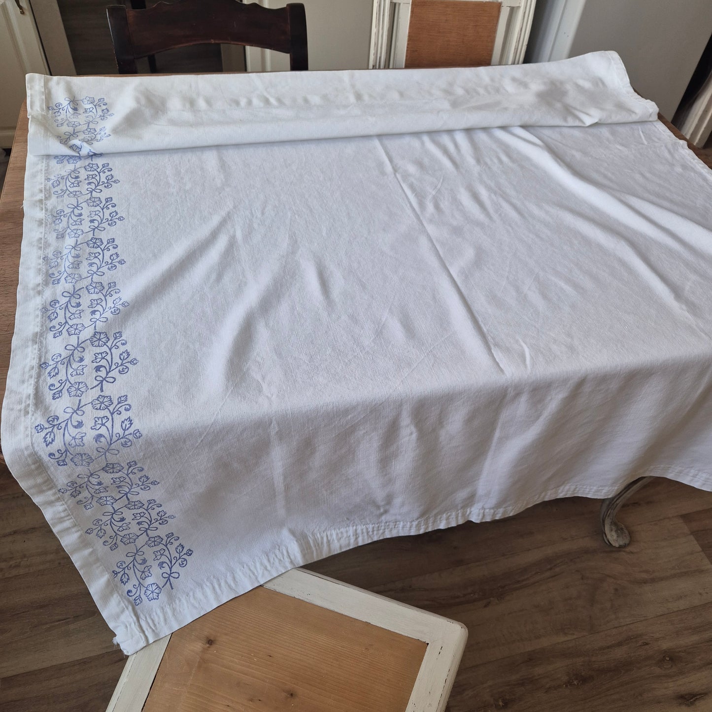 Vintage Baumwolle Gardine mit blauem Stempel Muster rechte Seite 118x166cm Handgemacht