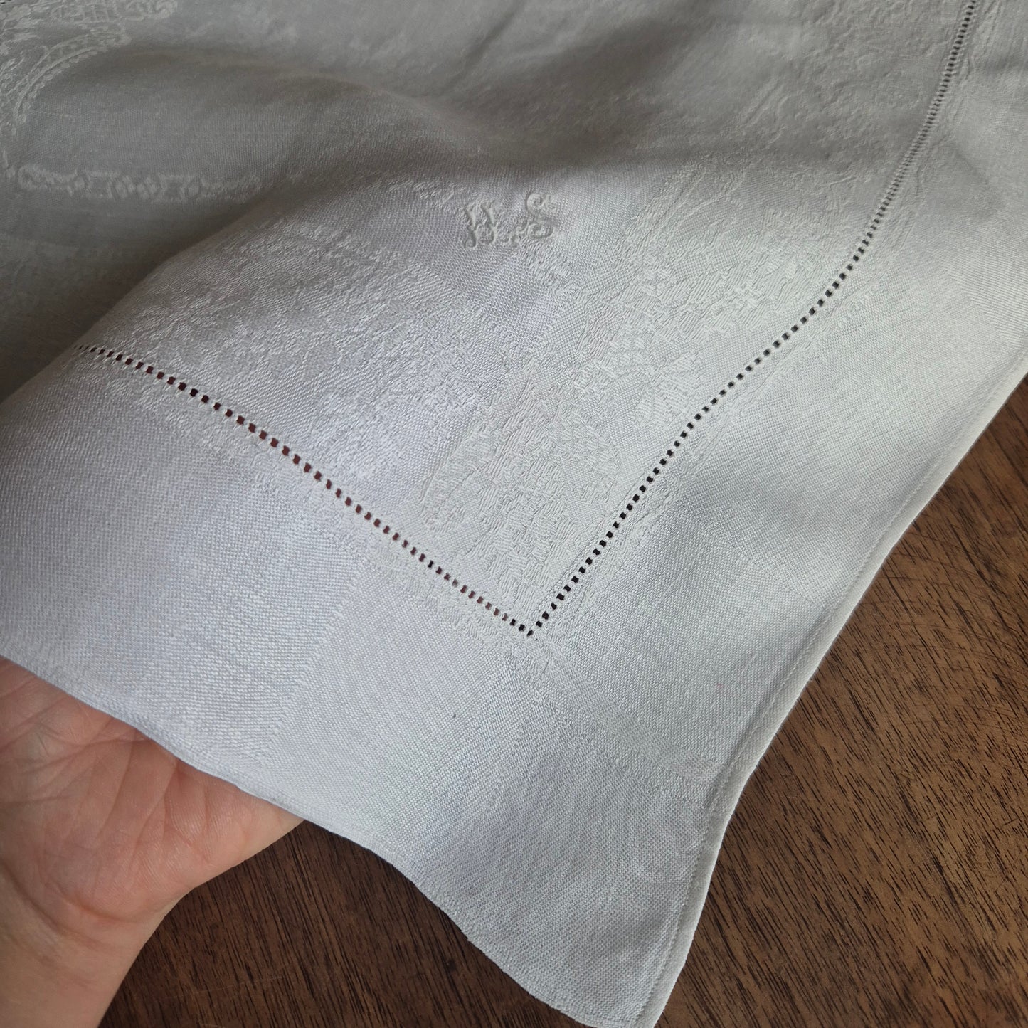 4x Antike Jugendstil Servietten mit Monogramm H.S Damast Baumwolle weiß 35x35cm