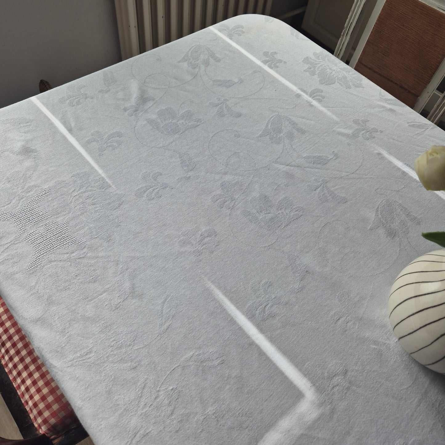 Alte Vintage Tischdecke Damast weiß 120x240cm Tafel mit Flecken 🤍