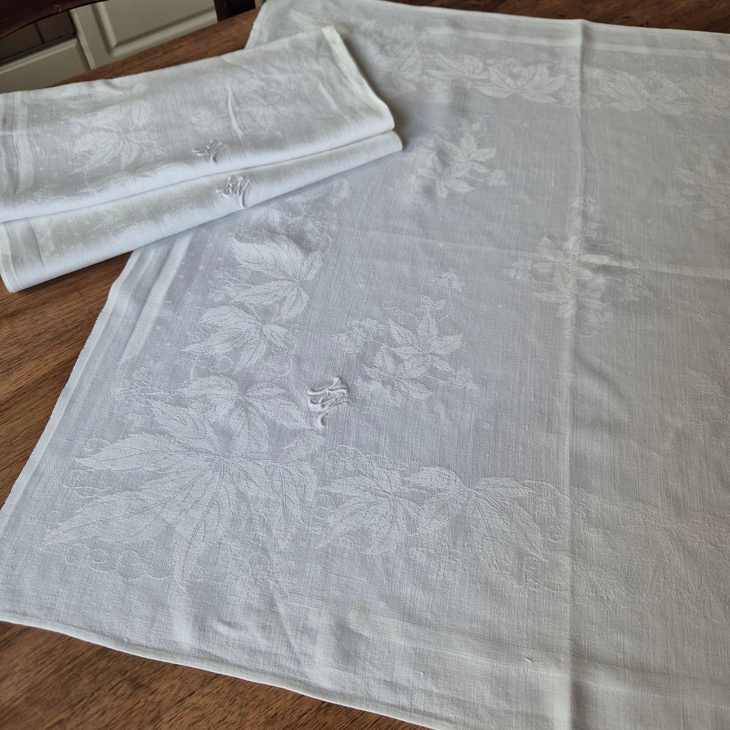3x Antike Jugendstil Servietten weiß Monogramm K.M Baumwolle 63x63cm
