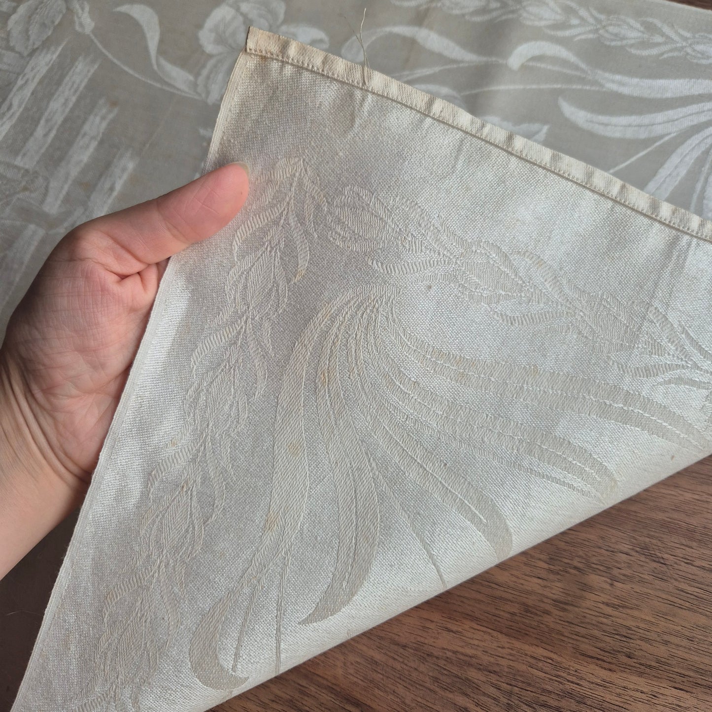 Antikes Jugendstil Küchen-&Geschirrtuch mit Spruch: "Frühlingsgefühle still Sorg und Leid" Damast beige cremeweiß🤍